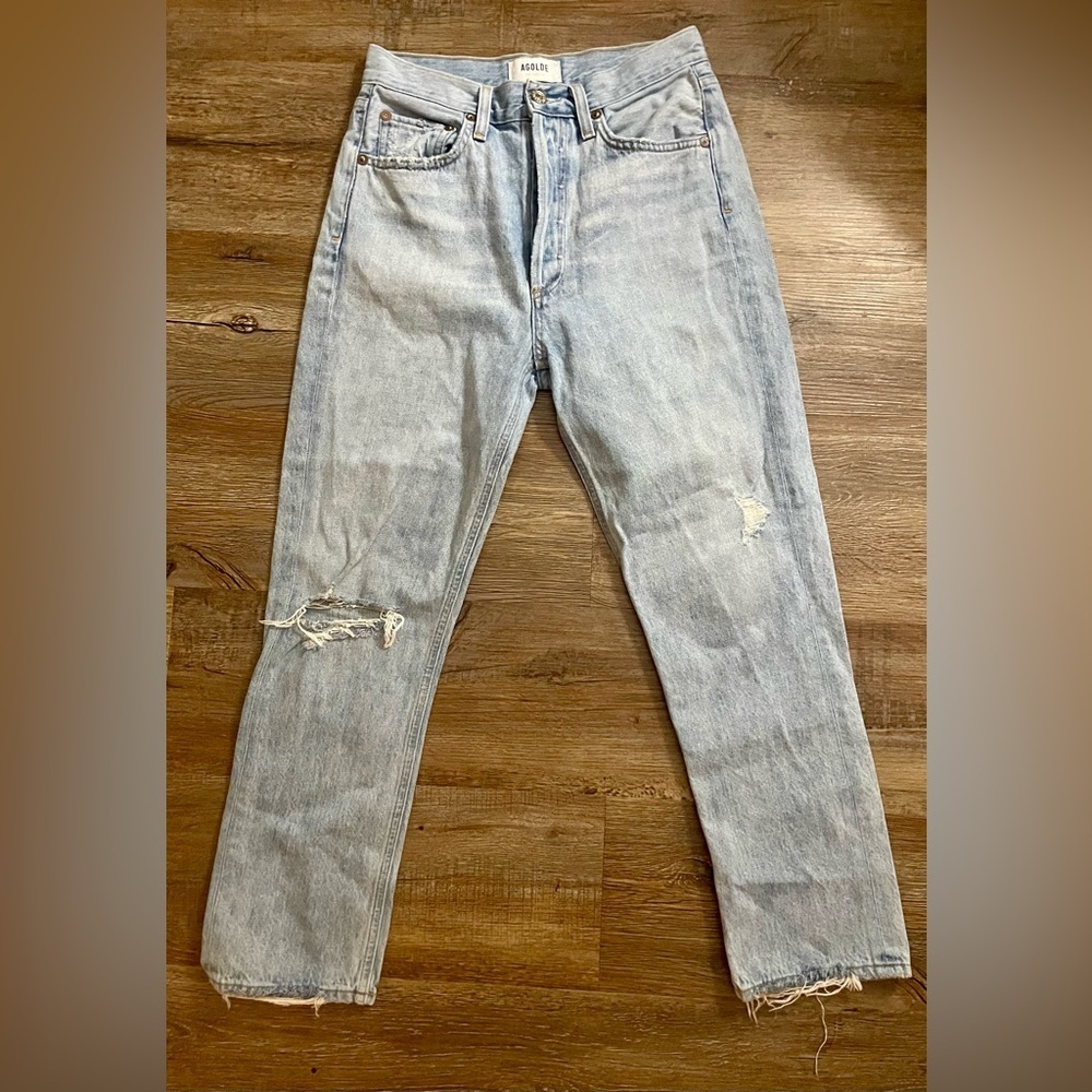 AGOLDE Jeans Women’s 25 Riley High Rise Straight Leg Crop? Denim Blue Distressed - Picture 2 of 10
